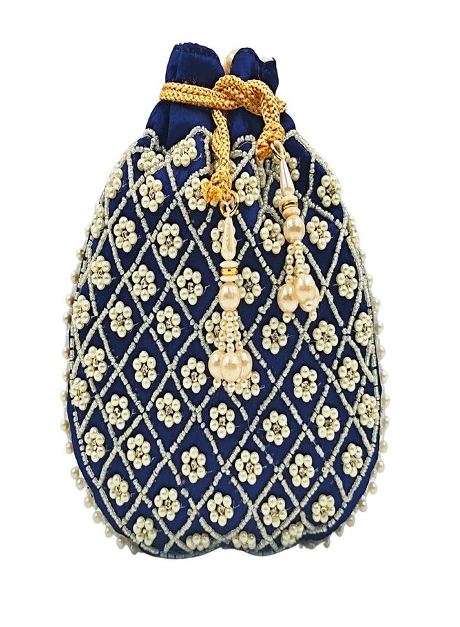 exotique Blue Embroidered Potli Bag for Women | Designer Silk Potli with Pearl Bead Handle & Tassels | Bridal, Wedding & Festive Pouch | HW0020BL - Image 1